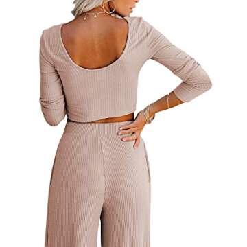 Lveberw Lounge Set Womens, Outfits Sets, Ribbed Crop Top Long Sleeve, Palazzo Pants - Loose Sweatsuit Knit,2 Piece Pajamas