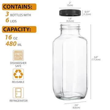 umud Juice Bottles with Lids, 16 Oz - Set of 3 - Clear Glass Jars with Caps - Reusable Empty Drink C...