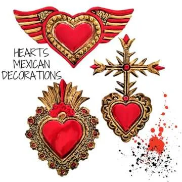 irekua Mexican Hearts Wall Decor 6" Folk Art Sacred 5Pieces Hand Painted Metal Charms Gold/Red Tin Craft Embossed Ornaments Ex Voto Milagros Mexicanos -Handmade