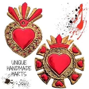 irekua Mexican Hearts Wall Decor 6" Folk Art Sacred 5Pieces Hand Painted Metal Charms Gold/Red Tin Craft Embossed Ornaments Ex Voto Milagros Mexicanos -Handmade