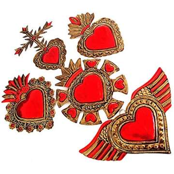 irekua Mexican Hearts Wall Decor 6" Folk Art Sacred 5Pieces Hand Painted Metal Charms Gold/Red Tin Craft Embossed Ornaments Ex Voto Milagros Mexicanos -Handmade