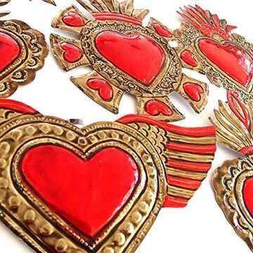 irekua Mexican Hearts Wall Decor 6" Folk Art Sacred 5Pieces Hand Painted Metal Charms Gold/Red Tin Craft Embossed Ornaments Ex Voto Milagros Mexicanos -Handmade