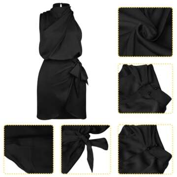 Silk Wedding Guest Dress for Women Satin Sleeveless Halter Neck Tie Waist Wrap Bodycon Cocktail Party Black Satin Short Dress Summer Vestidos De Frio para Mujer Elegantes Black XL