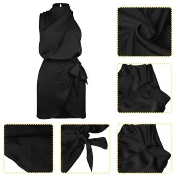 Silk Wedding Guest Dress for Women Satin Sleeveless Halter Neck Tie Waist Wrap Bodycon Cocktail Party Black Satin Short Dress Summer Vestidos De Frio para Mujer Elegantes Black XL