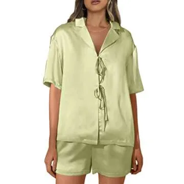 CHYRII Women's Silk Satin Pajamas Sets Tie Front Short Sleeve Tops and Shorts Two Piece Pj Sets Sleepwear Mint Green L