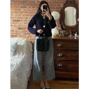 Yimoon Womens Cropped Cardigan Sweaters Gold Button Down Chunky Knit Sweaters Long Sleeve Open Front Fall Crochet Cardigan(Navy-S)