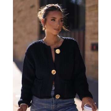 Yimoon Womens Cropped Cardigan Sweaters Gold Button Down Chunky Knit Sweaters Long Sleeve Open Front Fall Crochet Cardigan(Navy-S)