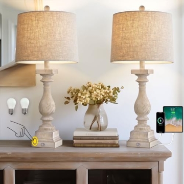 BOBOMOMO Farmhouse 3-Way Dimmable Touch Control Table Lamp Set with USB Ports