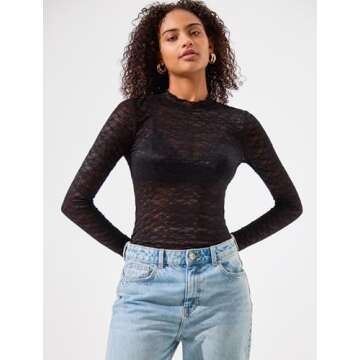 IWD Womens Mesh Long Sleeve Tops Sheer Lace Blouses Sexy See Through Mock Neck Tee Shirts Black