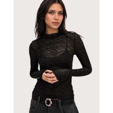 IWD Womens Mesh Long Sleeve Tops Sheer Lace Blouses Sexy See Through Mock Neck Tee Shirts Black