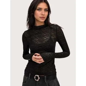 IWD Womens Mesh Long Sleeve Tops Sheer Lace Blouses Sexy See Through Mock Neck Tee Shirts Black