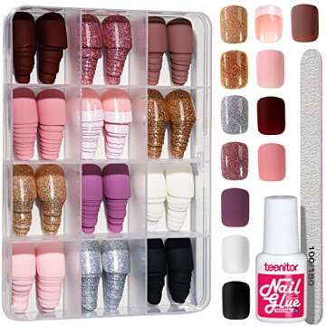 Teenitor Short Press on Nails,288Pcs Matte Acrylic Short Square Fake Nails Full Cover, Glitter Press...