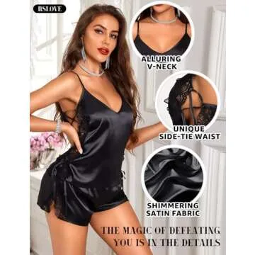 RSLOVE Women Pajama Set Sleepwear - Satin Pajamas Silk V Neck Cami and Shorts Pjs 2 Piece Womens Sexy Lace Lounge Nightwear