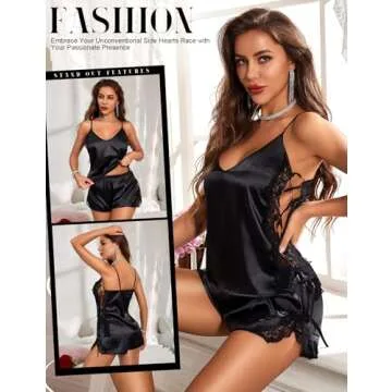 RSLOVE Women Pajama Set Sleepwear - Satin Pajamas Silk V Neck Cami and Shorts Pjs 2 Piece Womens Sexy Lace Lounge Nightwear