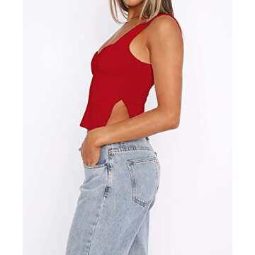 BAIGRAM Women’s Sleeveless Slim Crop Tank Top Sexy Pleated Bustier Sweetheart Neck Strappy Slits Cropped Vest Cami Red