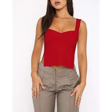 BAIGRAM Women’s Sleeveless Slim Crop Tank Top Sexy Pleated Bustier Sweetheart Neck Strappy Slits Cropped Vest Cami Red