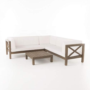 Christopher Knight Home Brava Outdoor Acacia Wood 5-Seater Sectional Sofa Set with Coffee Table and ...