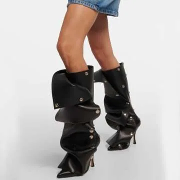 JORISTIMO Women's Knee High Boots Slouchy Fall Boots Buttons Pointed Toe Stiletto Heel Boots