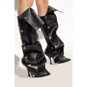 JORISTIMO Women's Knee High Boots Slouchy Fall Boots Buttons Pointed Toe Stiletto Heel Boots