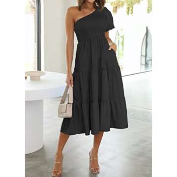 ZESICA Women's Boho Summer One Shoulder Short Sleeve Smocked Side Split Ruffle Swing Midi Dress Blac...