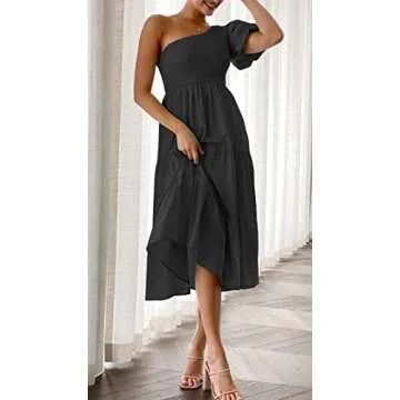 ZESICA Women's Boho Summer One Shoulder Short Sleeve Smocked Side Split Ruffle Swing Midi Dress Black L
