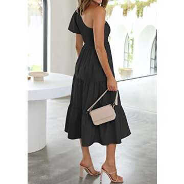ZESICA Women's Boho Summer One Shoulder Short Sleeve Smocked Side Split Ruffle Swing Midi Dress Black L
