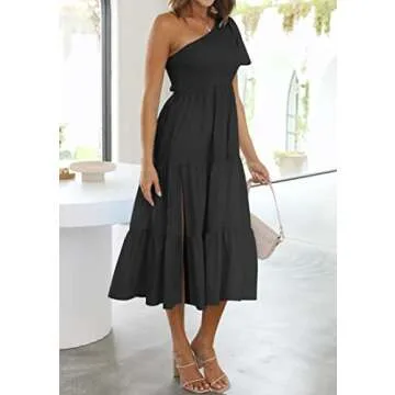 ZESICA Women's Boho Summer One Shoulder Short Sleeve Smocked Side Split Ruffle Swing Midi Dress Black L