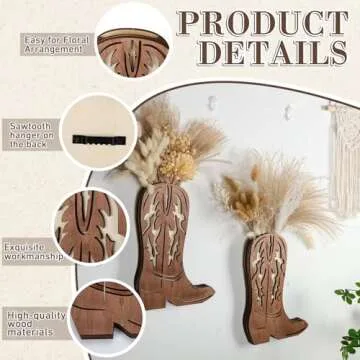 Havawish 2 Pcs Wood Cowboy Boots Wall Planter for Indoor Plants 12 x 8'' Cowboy Boot Flower Vase Hanging Pocket Vases for Flower Faux Greenery Wood Wall Decor for Bathroom Bedroom(Retro Style)