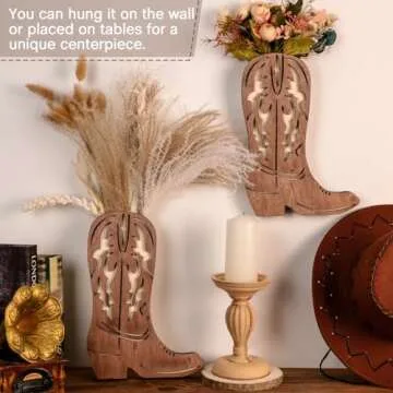 Havawish 2 Pcs Wood Cowboy Boots Wall Planter for Indoor Plants 12 x 8'' Cowboy Boot Flower Vase Hanging Pocket Vases for Flower Faux Greenery Wood Wall Decor for Bathroom Bedroom(Retro Style)