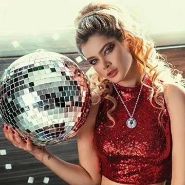 12 Piece Mirror Disco Ball Costume Necklaces 70s Disco Party Necklaces for Home Decorations, 1.57 Inch Stage Props, Game Accessories, Halloween, Party Favor and Supplies(Silver)
