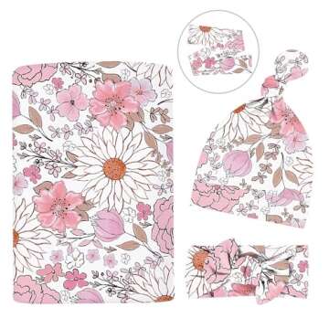 Newborn Swaddle Set with Matching Headband Hat and Bow Set Floral Baby Girl Newborn Receiving Blanke...