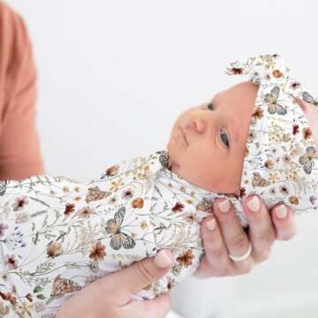 Newborn Floral Swaddle Set with Matching Bow Hat