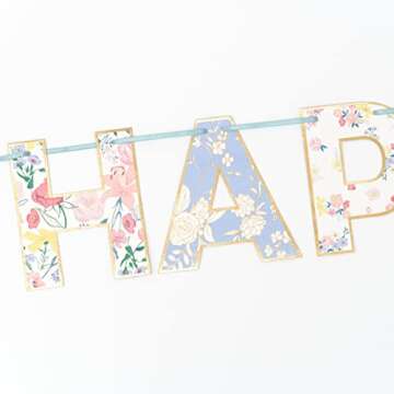 Meri Meri English Garden Birthday Banner – 6' Reusable Party Banner with Floral Pennants