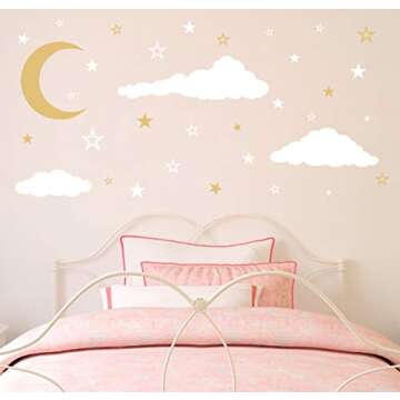 GESTYZ Vinyl Wall Stickers, Stars and Clouds Decal, White, Gold, for Nursery, Bedroom, Kids Room Wal...