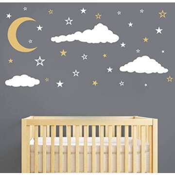 GESTYZ Vinyl Wall Stickers, Stars and Clouds Decal, White, Gold, for Nursery, Bedroom, Kids Room Wall Decoration