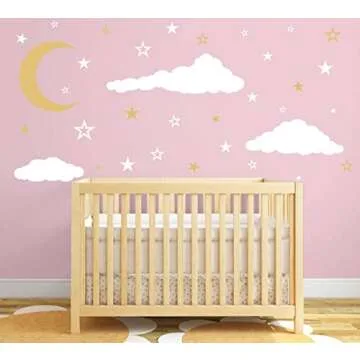 GESTYZ Vinyl Wall Stickers, Stars and Clouds Decal, White, Gold, for Nursery, Bedroom, Kids Room Wall Decoration
