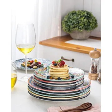 HENXFEN LEAD Dinner Plates Set of 6-10.5 Inch Large Dessert, Pasta, Salad Plate, Porcelain Colorful Serving Dishes for Kitchen & Restaurant, Dishware, Microwave & Oven safe - Bohemian Style
