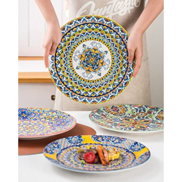 HENXFEN LEAD Dinner Plates Set of 6-10.5 Inch Large Dessert, Pasta, Salad Plate, Porcelain Colorful Serving Dishes for Kitchen & Restaurant, Dishware, Microwave & Oven safe - Bohemian Style