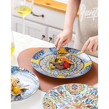 HENXFEN LEAD Dinner Plates Set of 6-10.5 Inch Large Dessert, Pasta, Salad Plate, Porcelain Colorful Serving Dishes for Kitchen & Restaurant, Dishware, Microwave & Oven safe - Bohemian Style