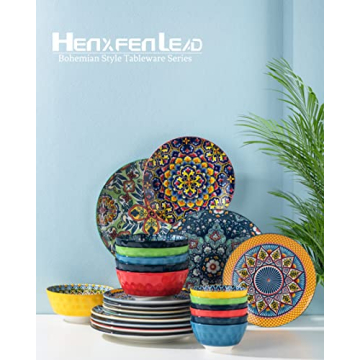HENXFEN LEAD Dinner Plates Set of 6-10.5 Inch Large Dessert, Pasta, Salad Plate, Porcelain Colorful Serving Dishes for Kitchen & Restaurant, Dishware, Microwave & Oven safe - Bohemian Style