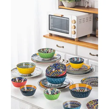 HENXFEN LEAD Dinner Plates Set of 6-10.5 Inch Large Dessert, Pasta, Salad Plate, Porcelain Colorful Serving Dishes for Kitchen & Restaurant, Dishware, Microwave & Oven safe - Bohemian Style