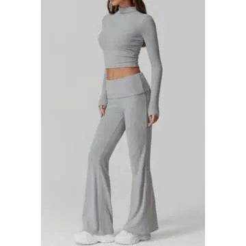 QINSEN Lounge Sets for Women 2 Piece Outfits Cropped Tops Fold Over Flare Pants Casual Loungewear Gr...