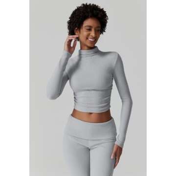 QINSEN Lounge Sets for Women 2 Piece Outfits Cropped Tops Fold Over Flare Pants Casual Loungewear Grey M