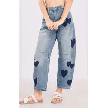 CHARTOU Y2k Barrel Jeans Women Wide Leg Jeans Baggy Distressed Printed Boyfriend Horseshoe Jeans Denim Pants (X-Small,Blue)