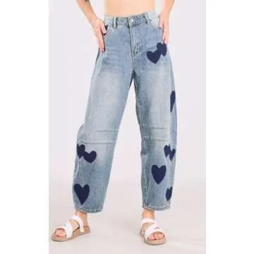 CHARTOU Y2k Barrel Jeans Women Wide Leg Jeans Baggy Distressed Printed Boyfriend Horseshoe Jeans Denim Pants (X-Small,Blue)