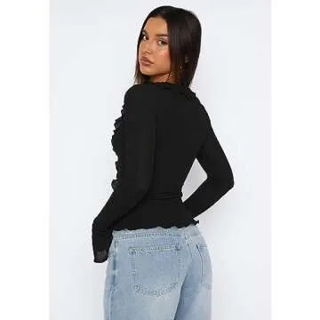 ABYOVRT Women Y2k Shirts Long Sleeve Deep V Neck Ruffle Crop Tops Going Out Top Sexy Blouse Club Streetwear (B-Black,M)