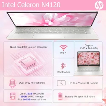 HP Ultralight 14 inch Laptop with Intel 4-Core Processor, Microsoft 365 and Wireless Earbuds, 16GB RAM, 512GB External Drive & 128GB Emmc & 1TB Cloud Storage, HD Display, Rose Gold, Windows 11