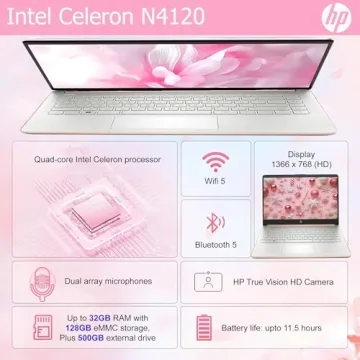 HP Ultralight 14 inch Laptop with Intel 4-Core Processor, Microsoft 365 and Wireless Earbuds, 16GB RAM, 512GB External Drive & 128GB Emmc & 1TB Cloud Storage, HD Display, Rose Gold, Windows 11