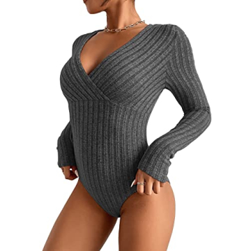 Milumia Women Deep V Neck Wrap Slim Tee Bodysuit in Dark Grey