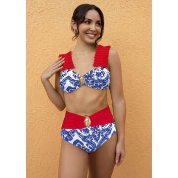 SPORLIKE Women Ruffle High Waisted Swimsuit Adjustable Straps Bikini Padded Bathing Suit(Blue Print,X-Large)